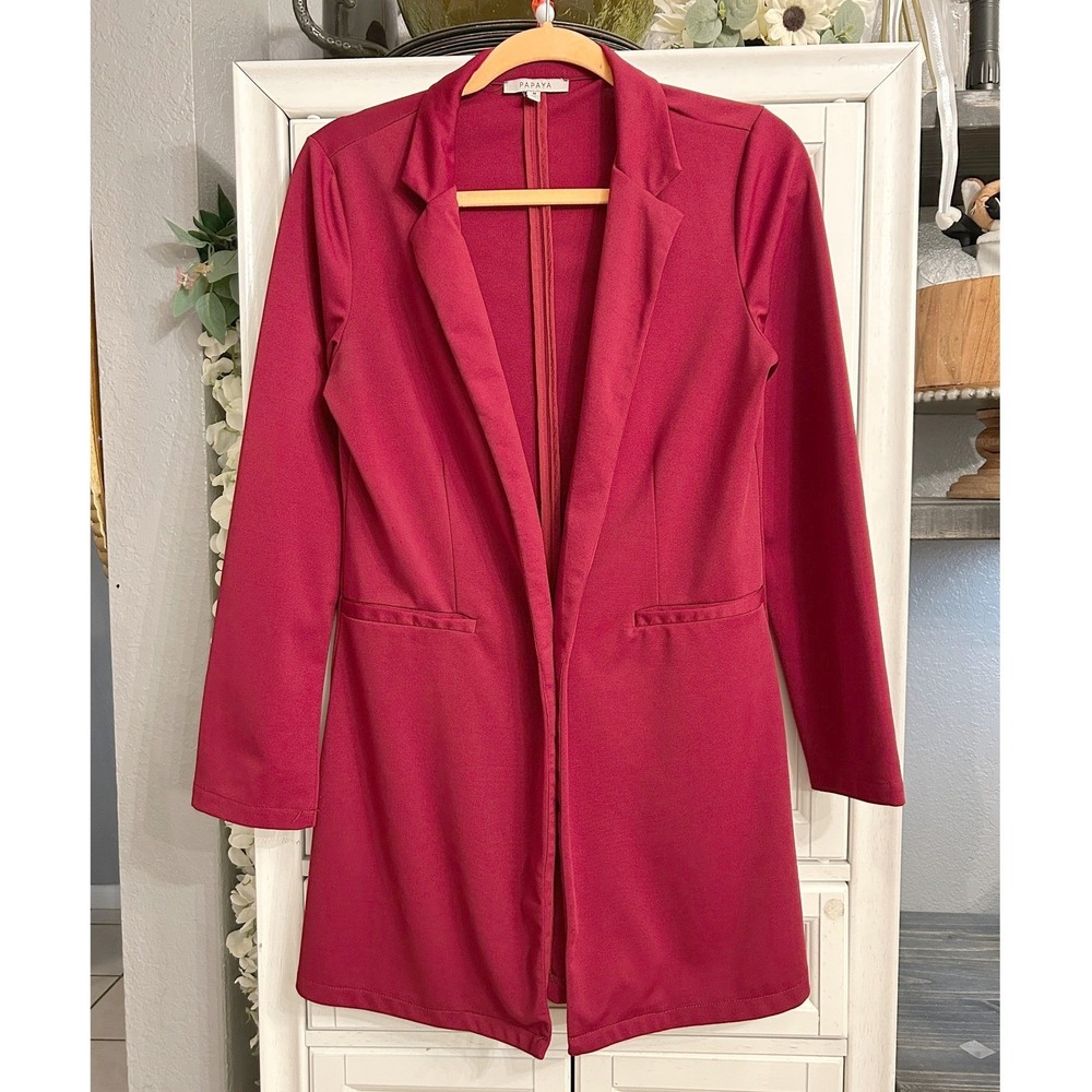 Burgundy Blazer Red Open Front Longline Stretch Jacket Medium Holiday Business